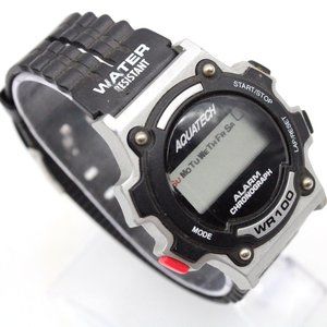 Vintage AQUATECH Digital Watch Mens Silver Black Tone Stainless Steel Rubber